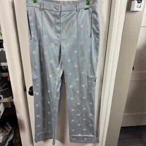 St. John gray with white snowflake sequin embellished zip up leg pants